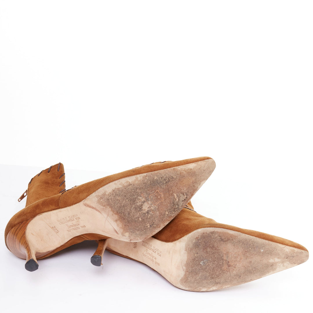 MANOLO BLAHNIK Vintage brown suede overstitch detail heeled ankle boots EU39.5