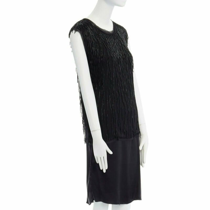 LANVIN ALBER ELBAZ black beaded fringe embellished flapper silk dress FR34 XS