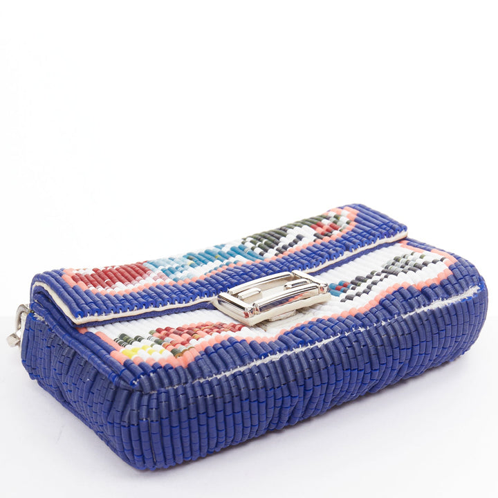 FENDI Micro Baguette blue colorful needlepoint beaded FF logo flap chain bag