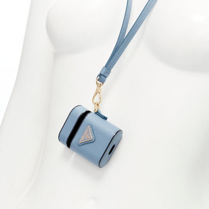 PRADA Symbole Triangle logo saffiano leather Ear Pods lanyard bag sky blue