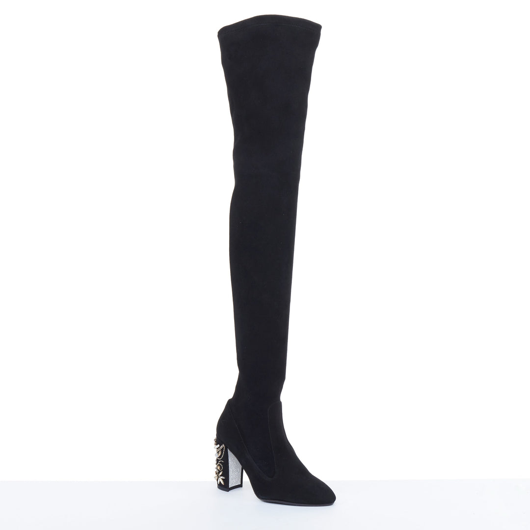 RENE CAOVILLA 2017 black suede crystal pearl baroque embellished heel boots EU37