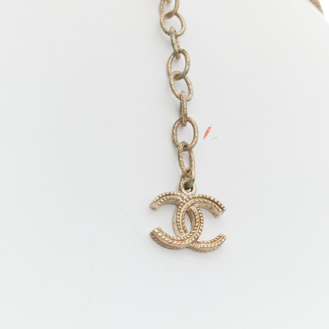 CHANEL B16A gold tone faux pearl CC logo round globes necklace