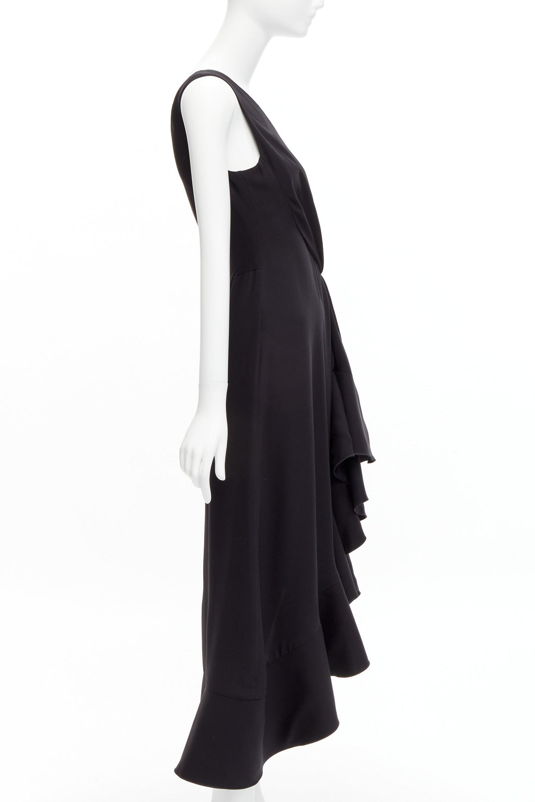 DION LEE black silk one shoulder drape front asymmetric ruffle dress AUS10 M