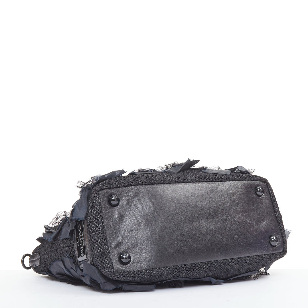 VALENTINO black fabric mesh floral lace applique leather trim crossbody tote bag
