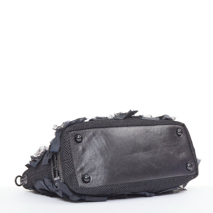 VALENTINO black fabric mesh floral lace applique leather trim crossbody tote bag