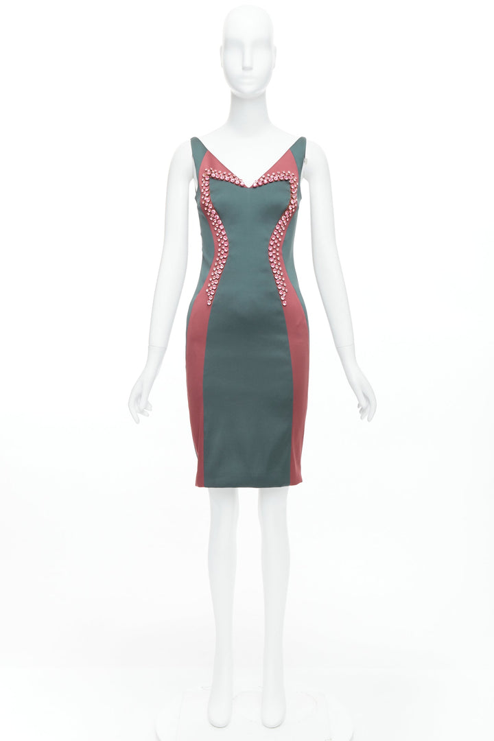 rare PRADA 2012 Runway green burgundy satin rhinestone illusion dress IT40 S