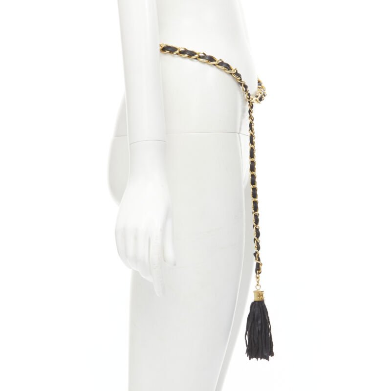 CHANEL 1990's Vintage gold chain leather interwoven link tassel charm belt
