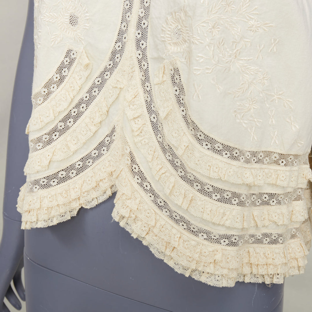 ANNA SUI Vintage cream embroidered floral eyelet lace ruffle peasant top US2 S
