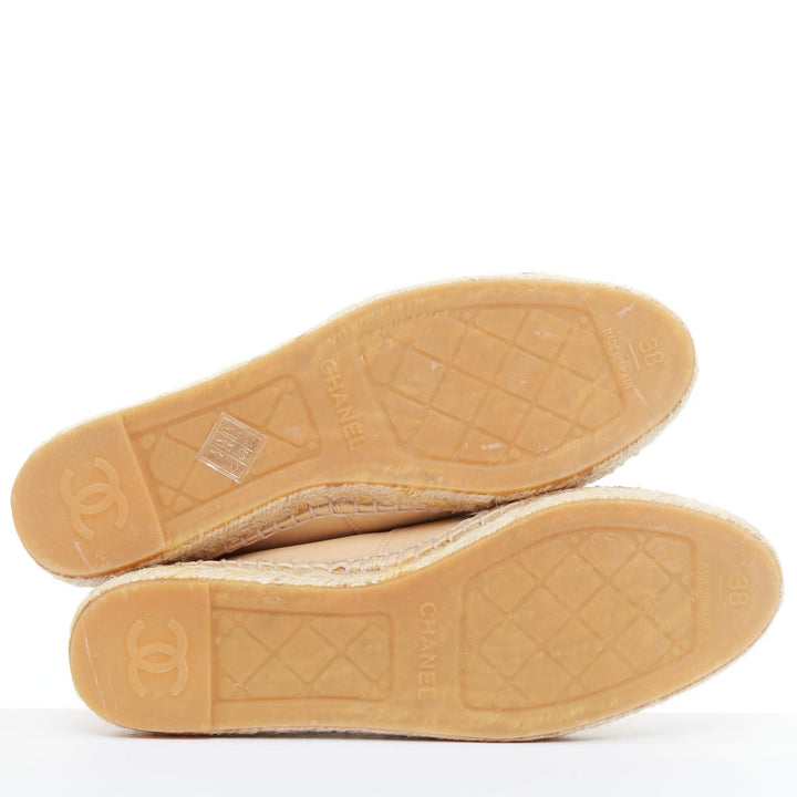 CHANEL nude lamb leather CC logo black toe cap espadrille shoes EU37