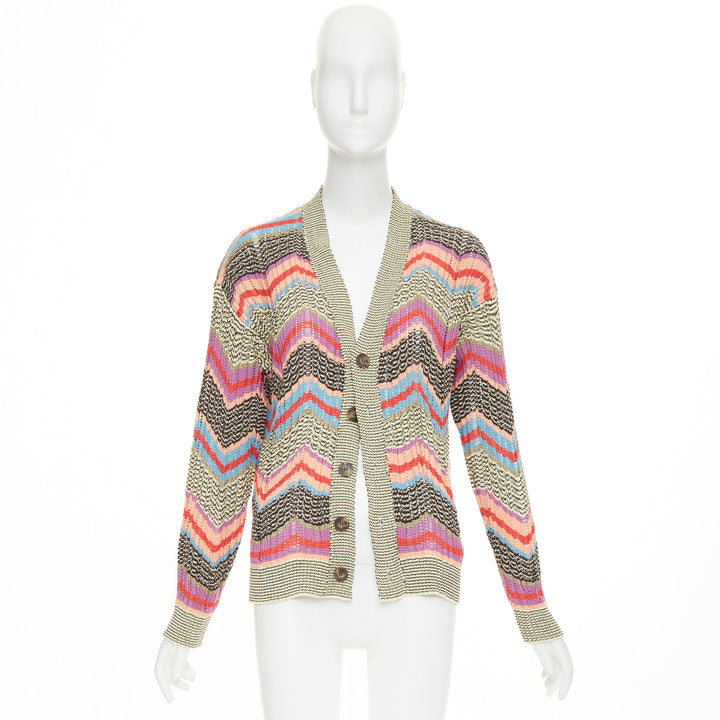 MISSONI Collection yellow brown multicolor chevon intarsia knitted cardigan XS