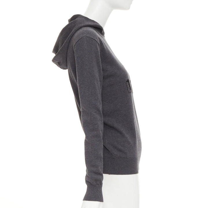 SAINT LAURENT 2017 Eclair Lightning Bolt grey black logo stud hooded sweater XS