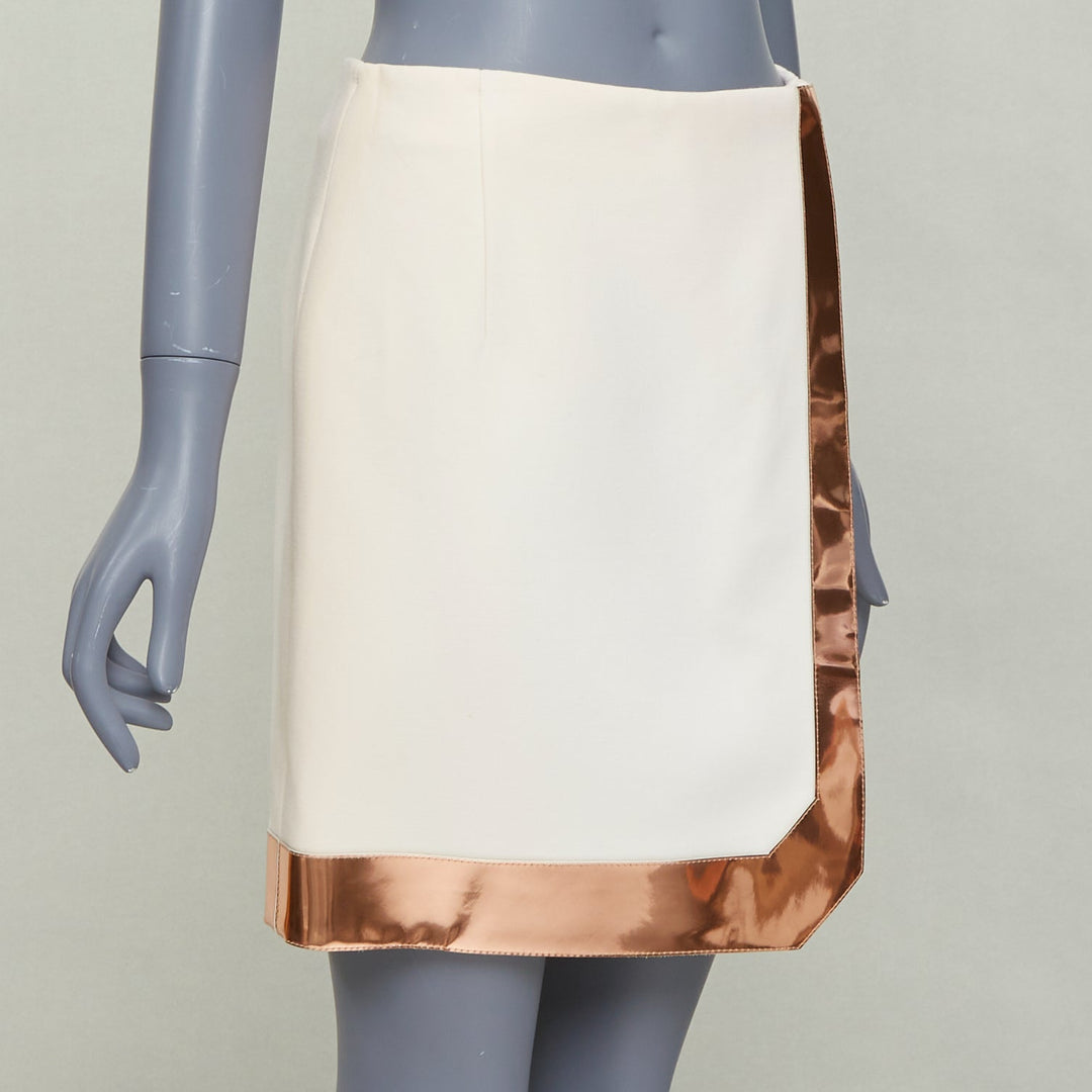MUGLER cream virgin wool metallic copper PVC edge tulip skirt FR38 M
