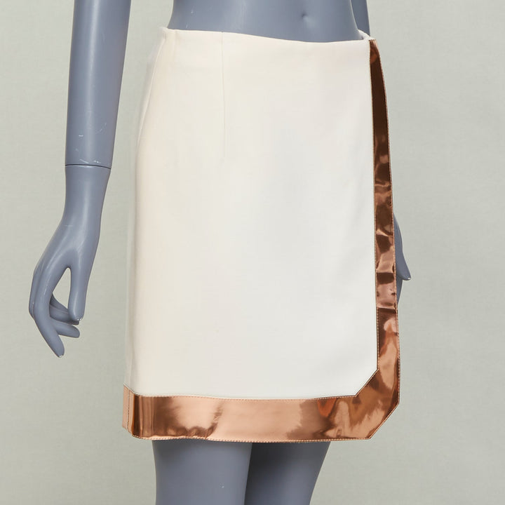 MUGLER cream virgin wool metallic copper PVC edge tulip skirt FR38 M