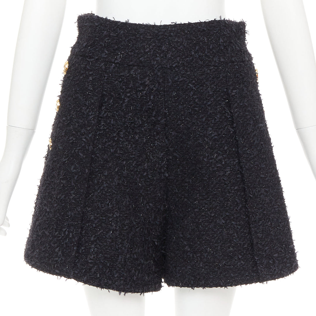BALMAIN black speckle metallic tweed gold B buttons high rise shorts FR38 M