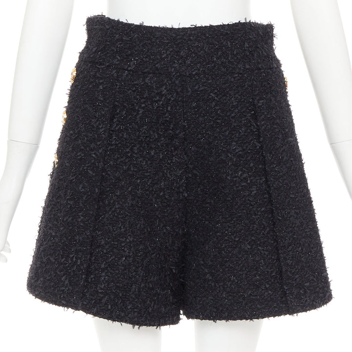BALMAIN black speckle metallic tweed gold B buttons high rise shorts FR38 M