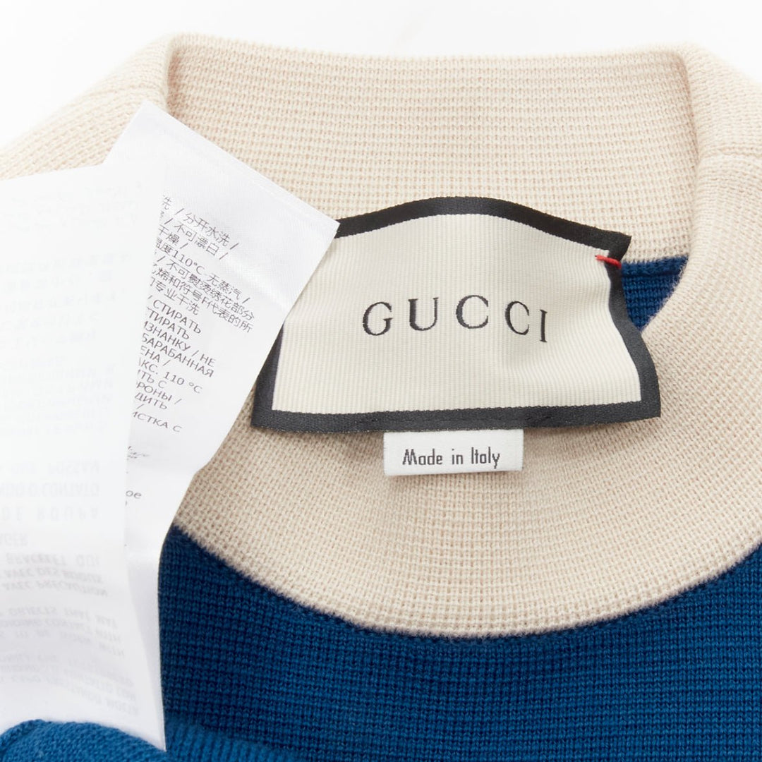 GUCCI 2023 blue cream 100% wool GG logo embroidery pocket mod dress XXS