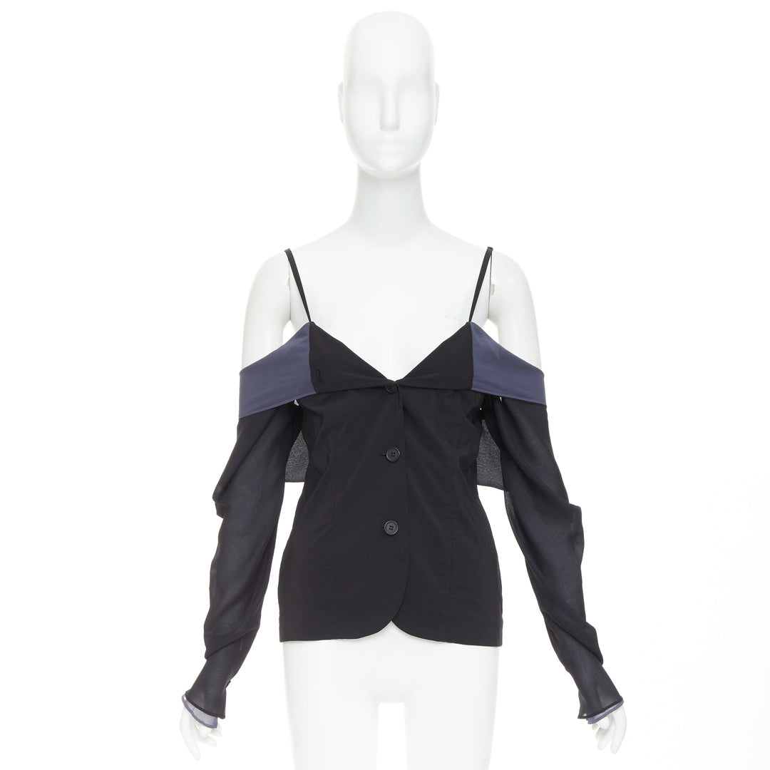 DOLCE GABBANA Vintage black grey cold off shoulder spaghetti button top