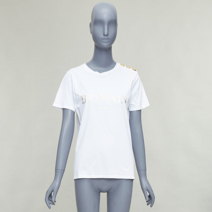 BALMAIN white metallic gold foil logo print button shoulder tshirt FR38 M