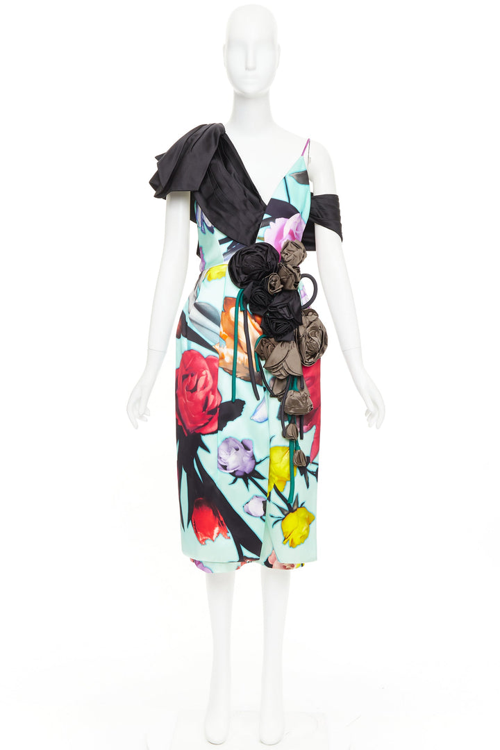 rare PRADA 2019 Runway Floral Print Cascade Rosette applique dress IT38 XS