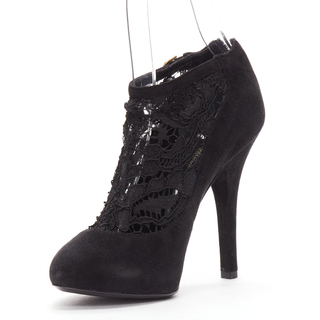 DOLCE GABBANA black suede floral lace ankle high heel ankle booties EU36