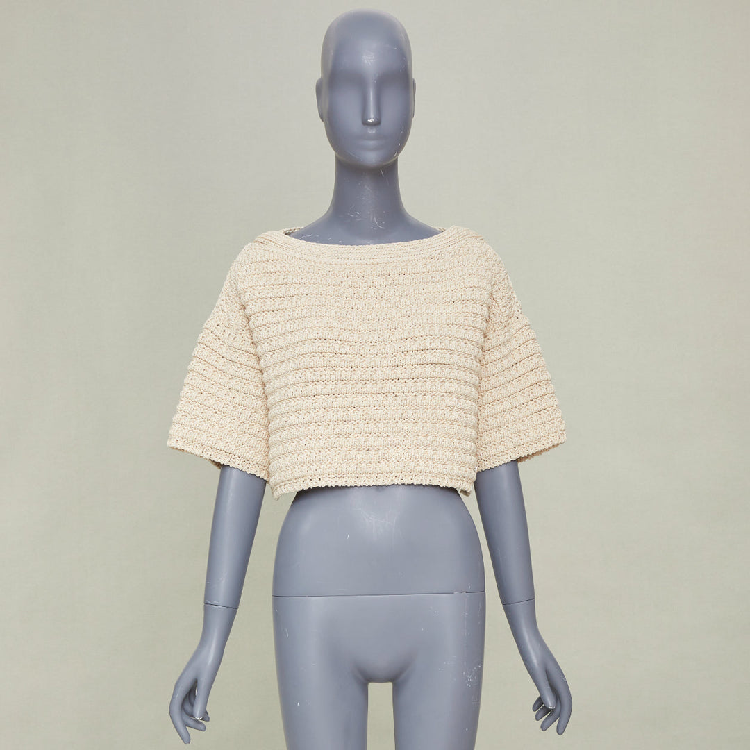 CHANEL 25C Runway garter stitch boat neck oat beige cropped knit top FR36 S