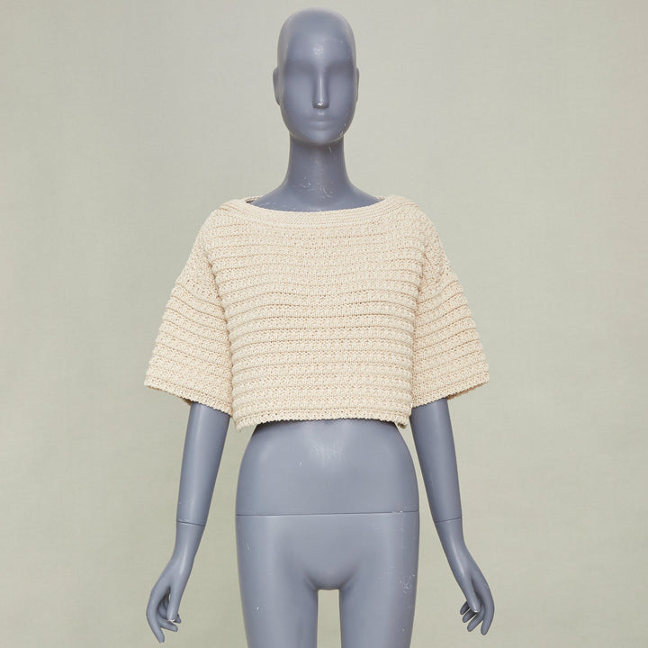 CHANEL 25C Runway garter stitch boat neck oat beige cropped knit top FR36 S
