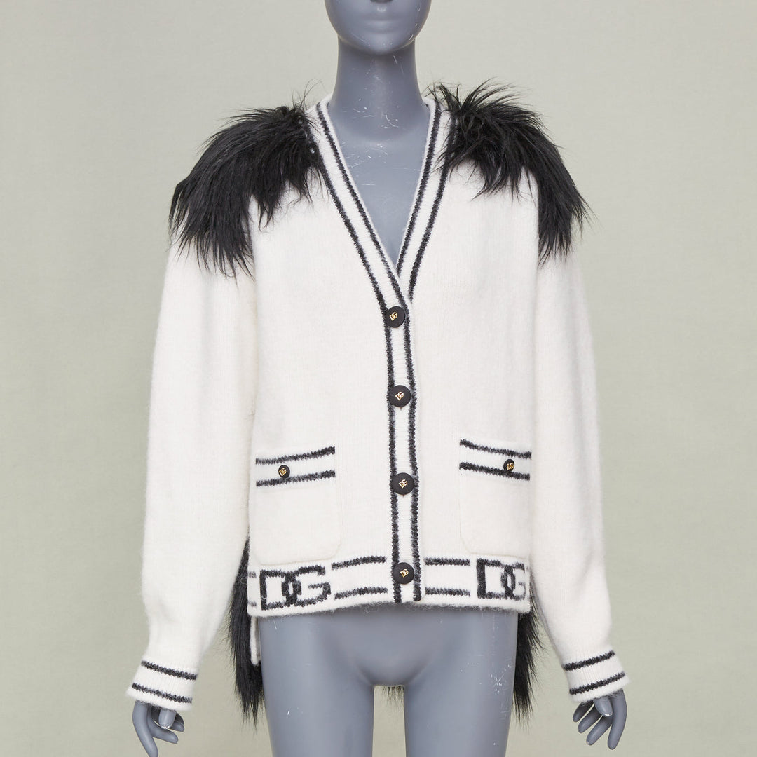 DOLCE GABBANA 2021 Runway faux fur panel logo alpaca knitwear cardigan IT38 XS