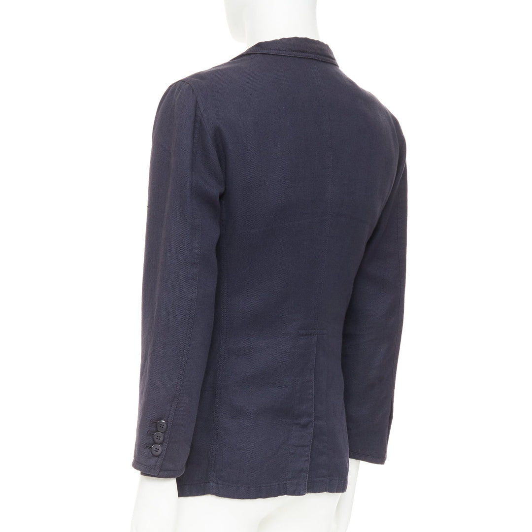 GIORGIO ARMANI navy linen cotton pique flap pockets relaxed blazer IT46 S