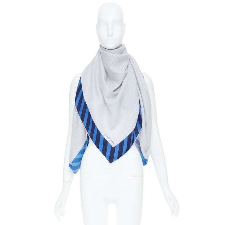 HERMES Encadre Liste au Fil 140cm heather grey marine navy blue stripe shawl