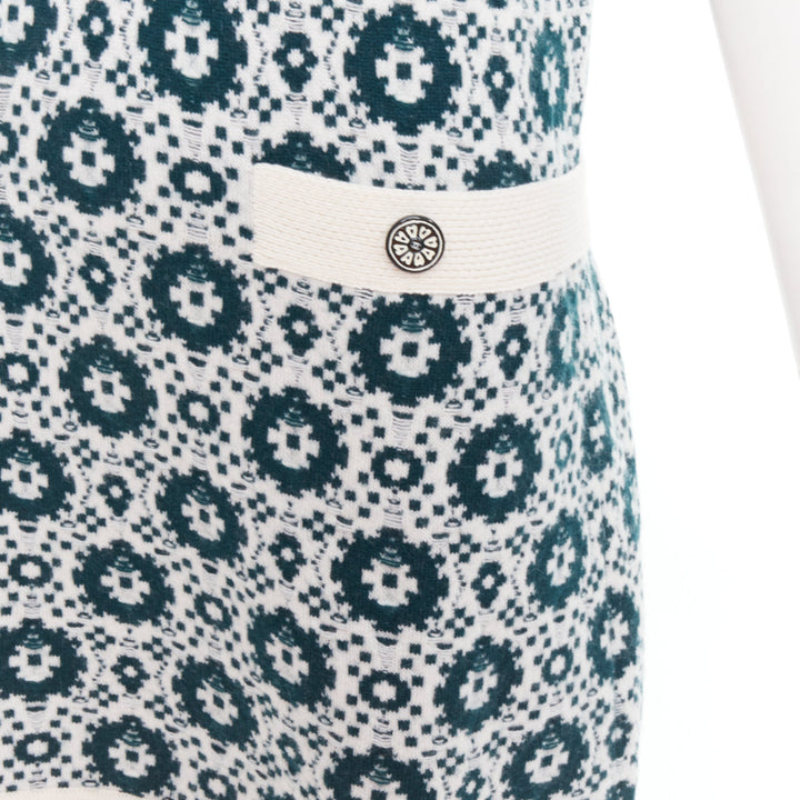 CHANEL 2016 100% cashmere knit green mosaic CC button polo dress FR38 M