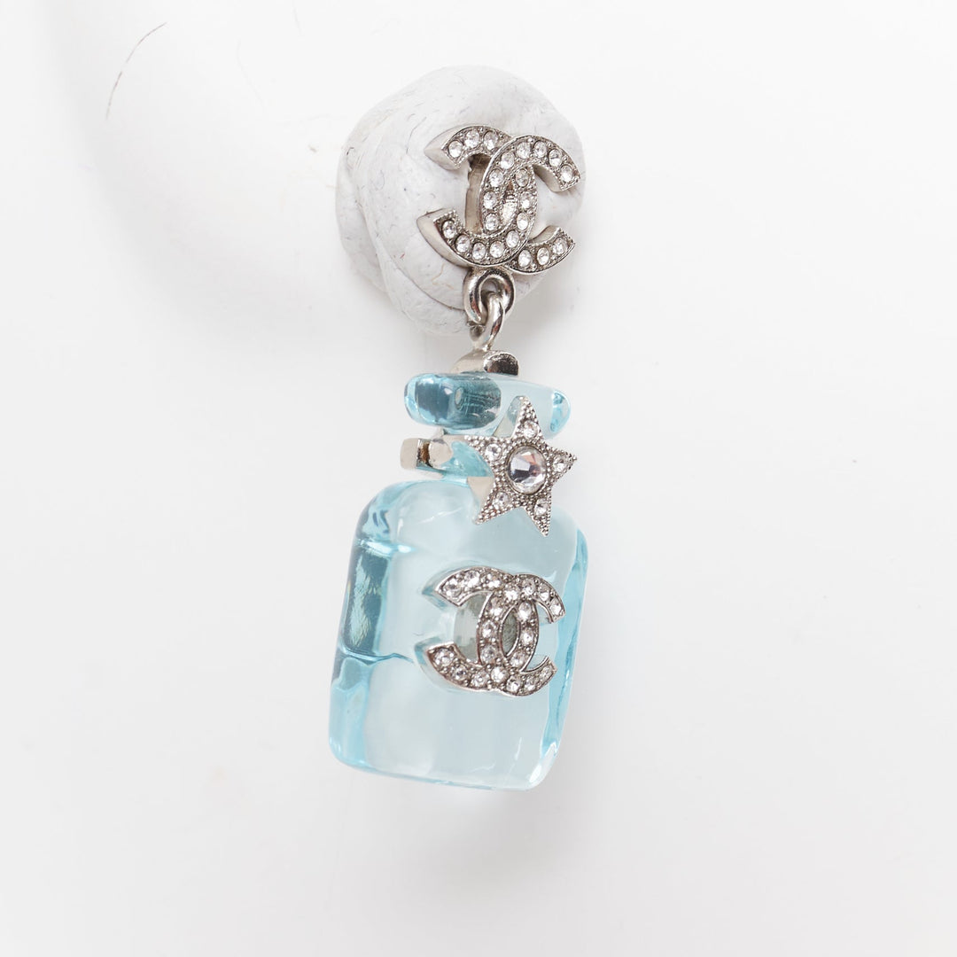 CHANEL B23S Cocomark blue acrylic perfume bottle CC logo star pin earrings Pair