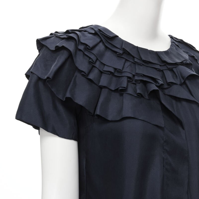 MARNI navy blue 100% silk ruffle neckline short sleeve silk dress IT38 XS