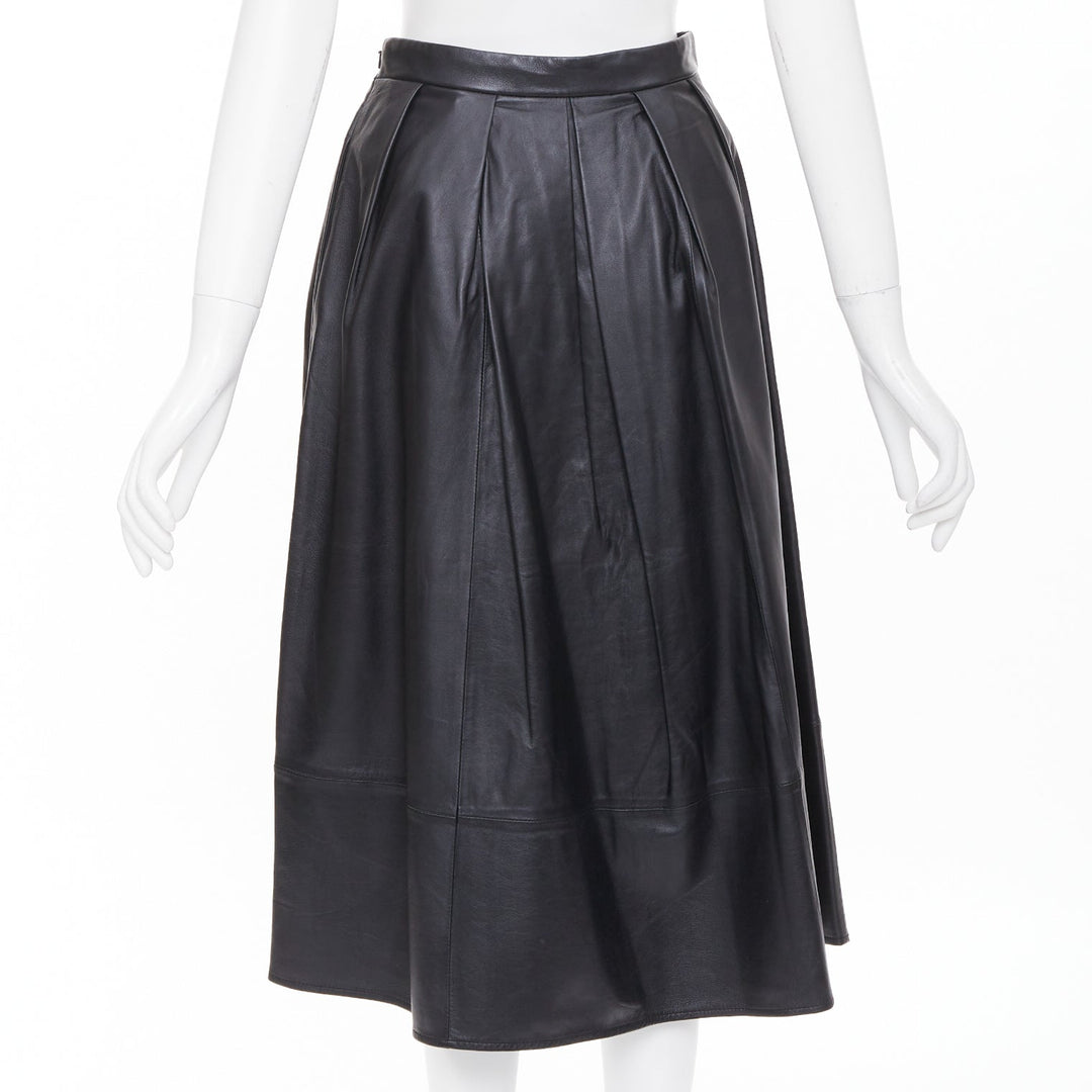 TIBI black lambskin pleated high waist full flare a line midi skirt US0 XS