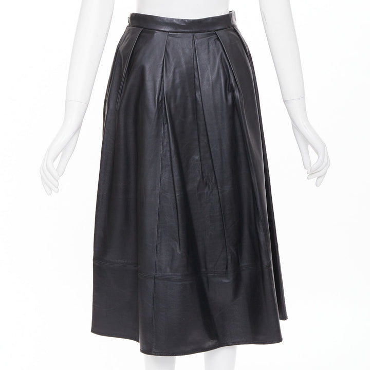 TIBI black lambskin pleated high waist full flare a line midi skirt US0 XS