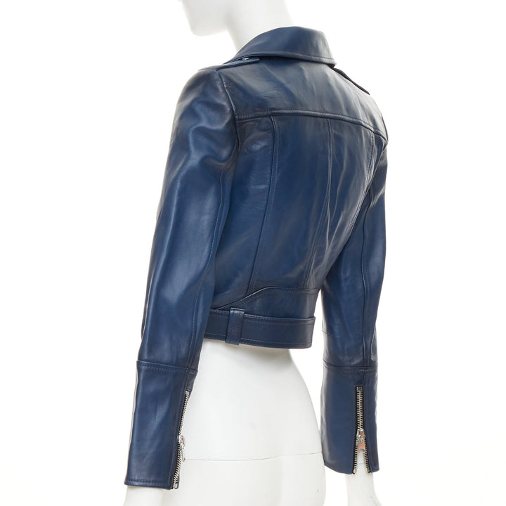 ALEXANDER MCQUEEN Asymmetric blue leather belted cropped biker outerwear IT40 S