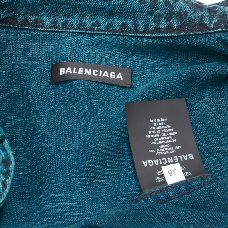 BALENCIAGA 2018 turquoise acid dye washed heavy cotton ripped cuff shirt EU38 S