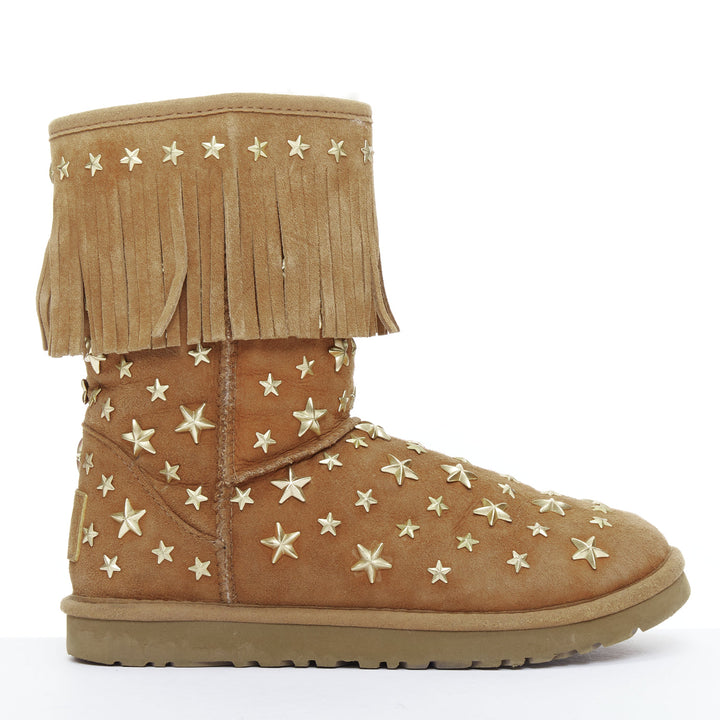 JIMMY CHOO UGG brown suede gold star embellished fringe trim snow boots EU36