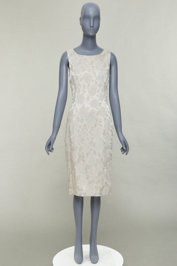 DOLCE GABBANA grey gold floral lurex jacquard bateau neck sheath dress IT42 M