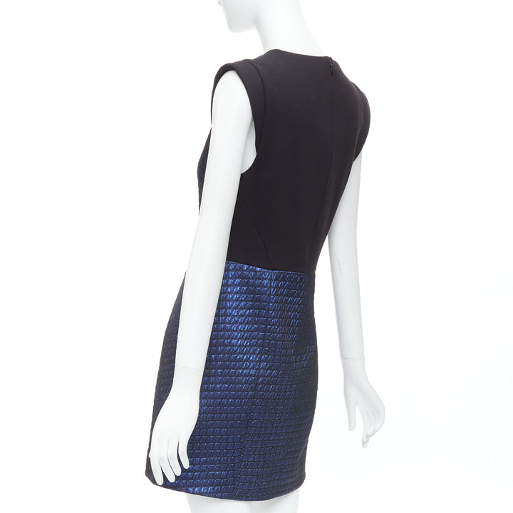 TIBI blue black quilted lurex jacquard V-neck mini dress US6 M