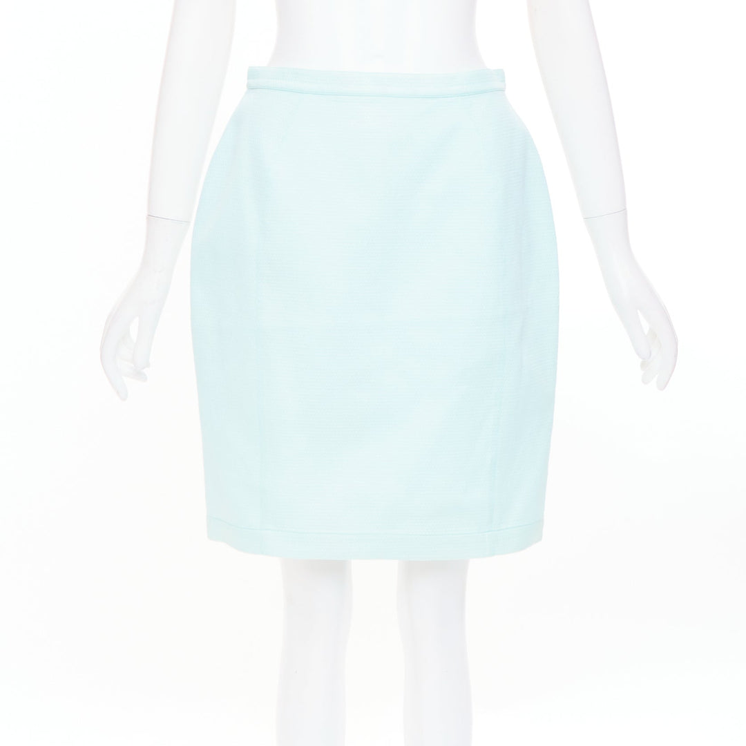 THIERRY MUGLER Vintage pale blue wool textured short sleeve peplum skirt suit