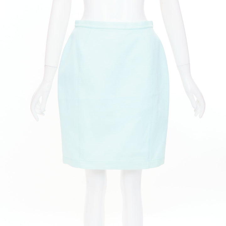 THIERRY MUGLER Vintage pale blue wool textured short sleeve peplum skirt suit