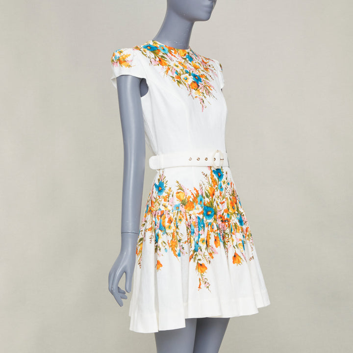 ZIMMERMANN Estelle white linen multicolor floral print belted mini dress Sz.1 XS