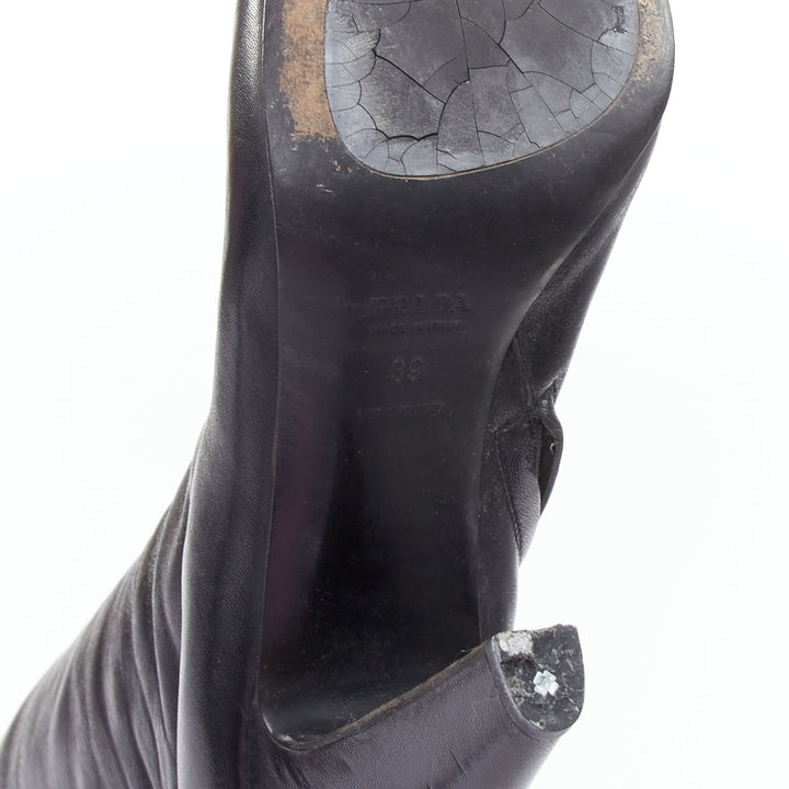 PRADA black leather cone heel pointy toes tall calf boots EU39