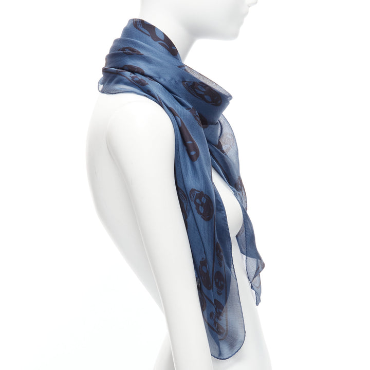 ALEXANDER MCQUEEN blue navy skull logo print 100% silk scarf