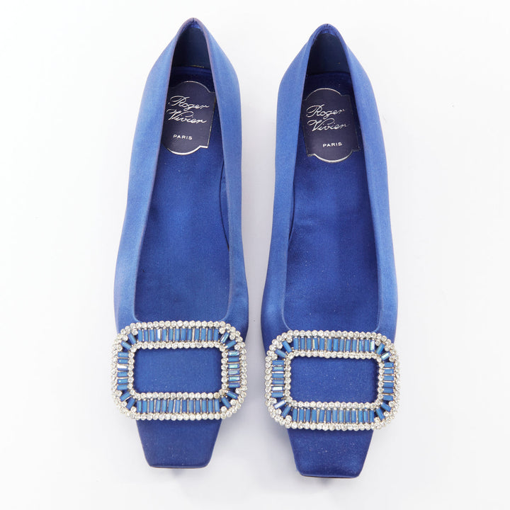 ROGER VIVIER Dec Belle Strass cobalt blue satin crystal buckle flats EU37.5
