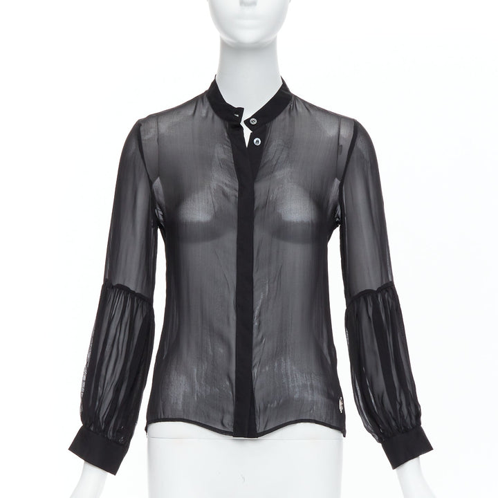 PIERRE BALMAIN Vintage black sheer silk balloon sleeve blouse Sz.24 FR38 S