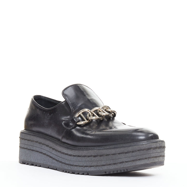 PRADA black leather silver chain layered platform brogues EU36