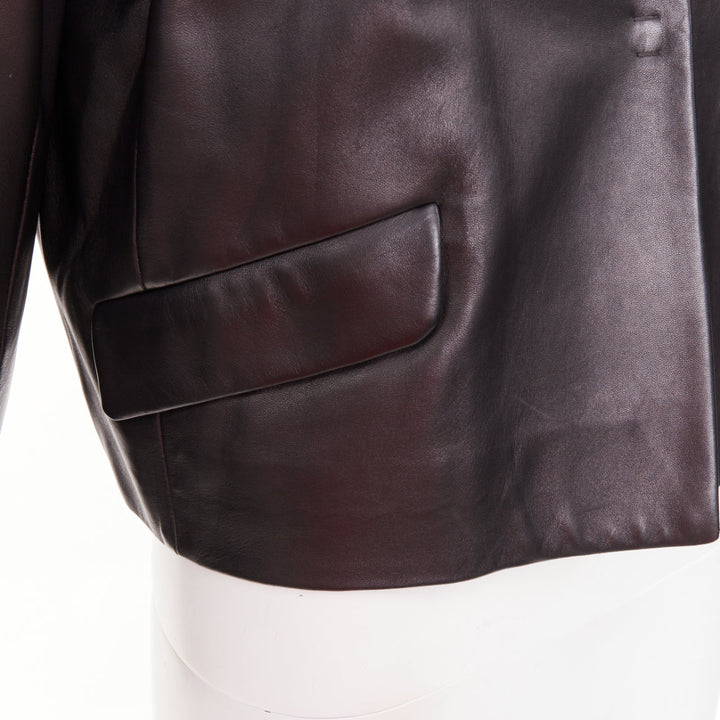 PRADA 2015 black lambskin leather grosgrain trim cropped military jacket IT44 L