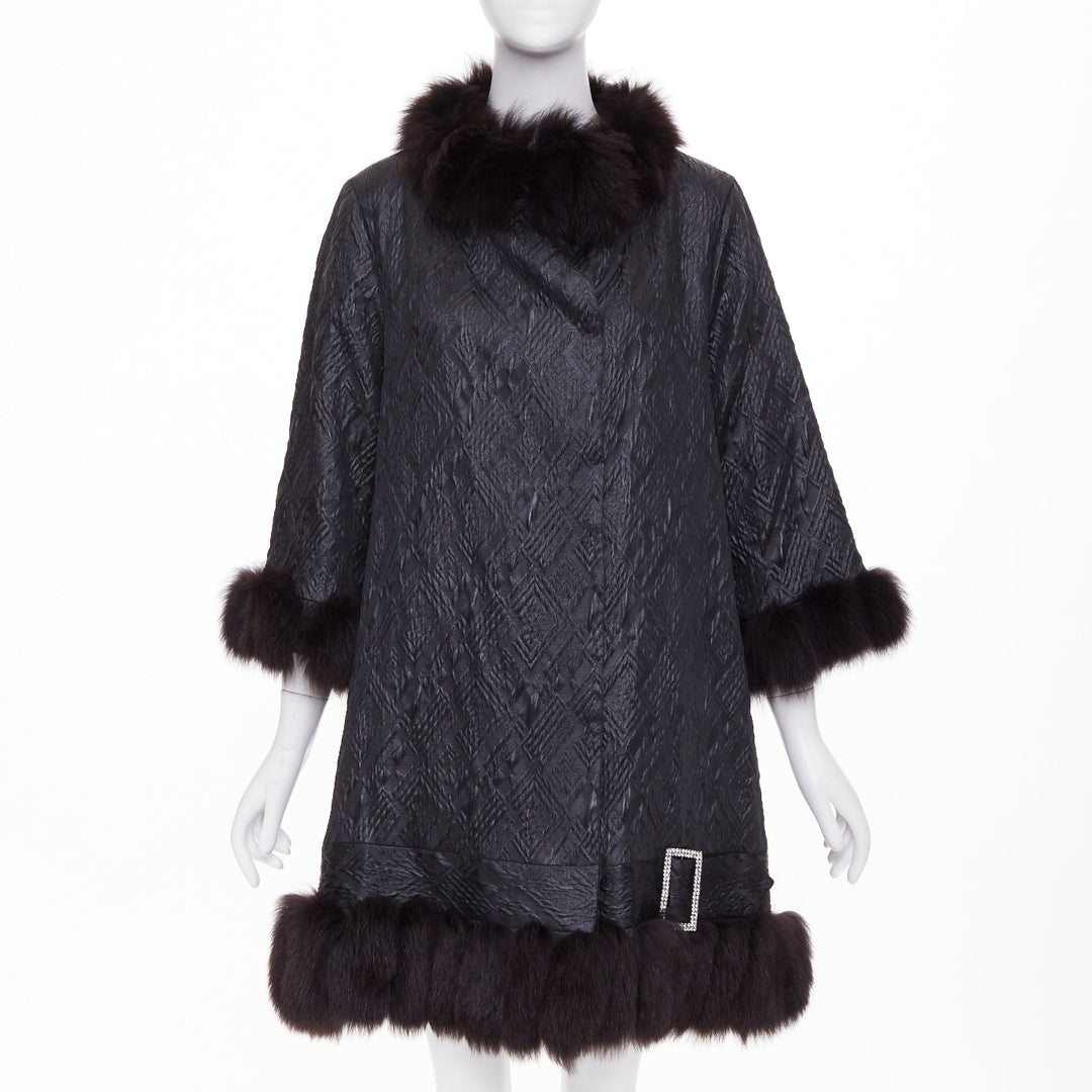 ADAM JONES 2004 black textured brocade real fur trim crystal buckle coat FR38 M