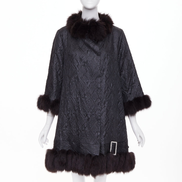 ADAM JONES 2004 black textured brocade real fur trim crystal buckle coat FR38 M
